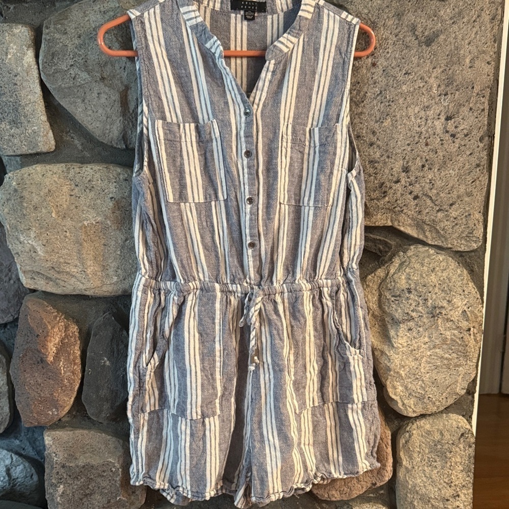 Striped Sleeveless Kelly Renee Boho linen blue & White Button-Up X-Large Romper